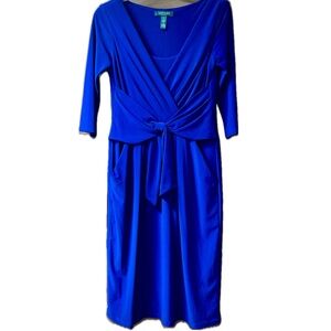 Ralph Lauren sapphire blue faux wrap, 3/4 sleeve, knit fitted, cocktail dress